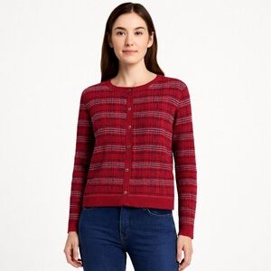 Brooks Brothers 100% Merino Wool Plaid Cardigan Womens XL Burgundy Red Old Money